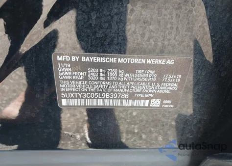 2020 BMW X3 Sdrive30I z USA, uszkodzony, nr VIN 5UXTY3C05L9B39786